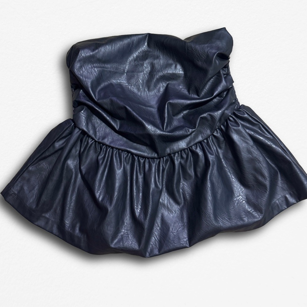 Lucky Brand Womens Faux Leather Peplum Tube Top Black Strapless Smocked XL NEW